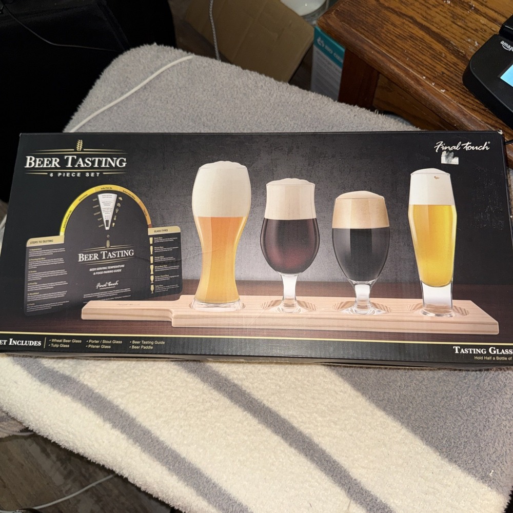FINAL TOUCH 6 Pc Beer Tasting Set Wheat Beer Tulip Pilsner Stout Glasses Paddle